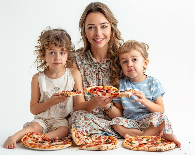 Photo a woman and two children are eating pizza