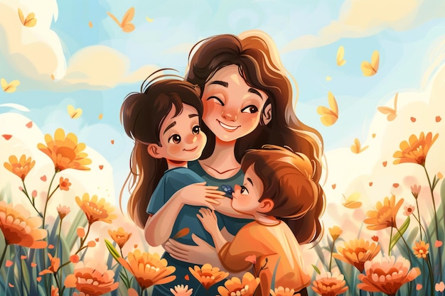 a woman and two children are hugging in a field of flowers