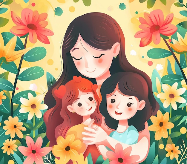 a woman and two children are hugging in a garden with flowers and a woman holding a flower