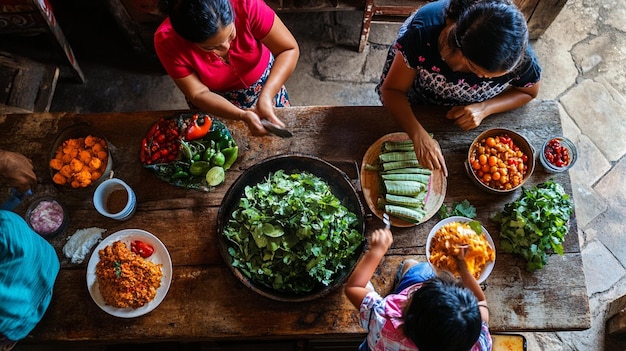 Photo a woman and two children are preparing food on a table