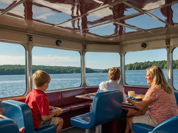 Photo a woman and two children are sitting on a boat with a lake in the background