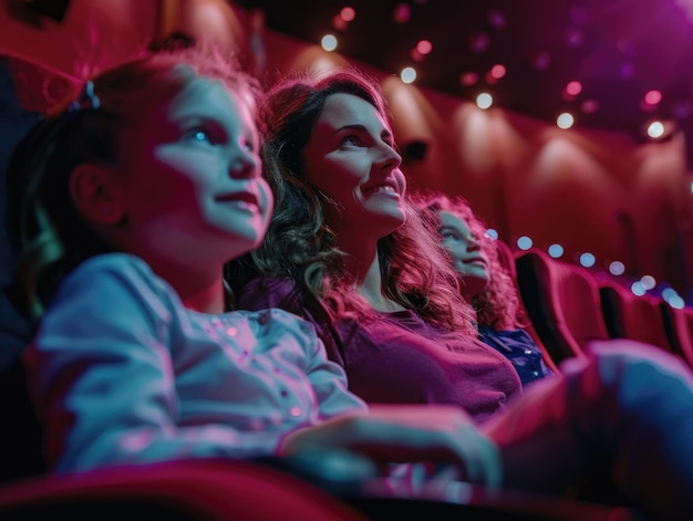 Woman and two children are sitting in movie theater