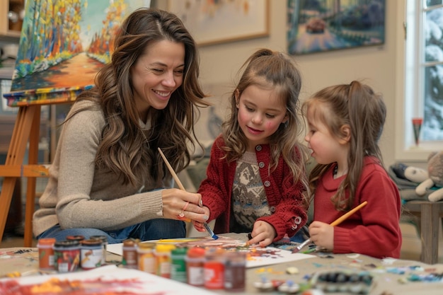 Photo a woman and two children painting with a picture of them