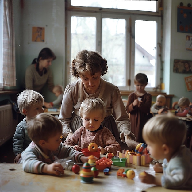 Photo a woman and two children play with toys and a sign that says quot children quot