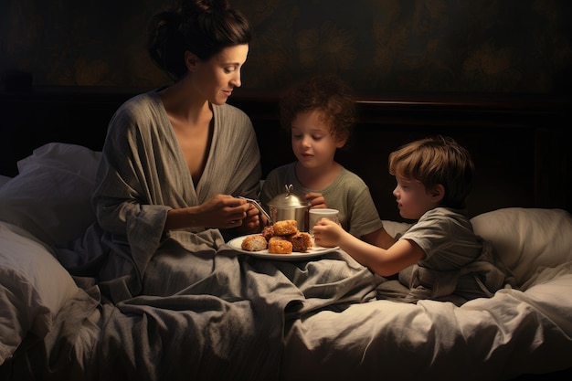 A woman and two children sit on a bed in a cozy bedroom engaged in conversation A mother being served breakfast in bed by her young children early on Mothers Day morning AI Generated