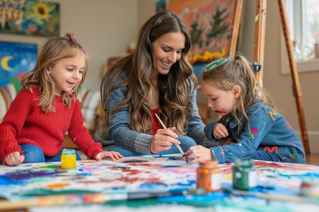 Photo a woman and two girls are painting with markers on them