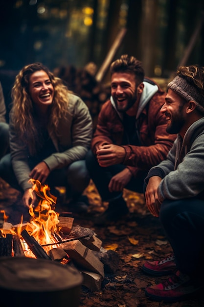 Woman and two men friends have fun spending time together in the autumn forest near a burning fire