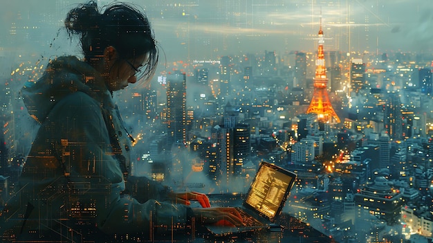 Woman Typing Cityscape Background GridLike Structures Hiroshi Yoshida Influence Digital Minimalism