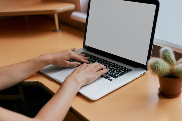 Woman Typing on Her White Laptop Computer At Working Desk