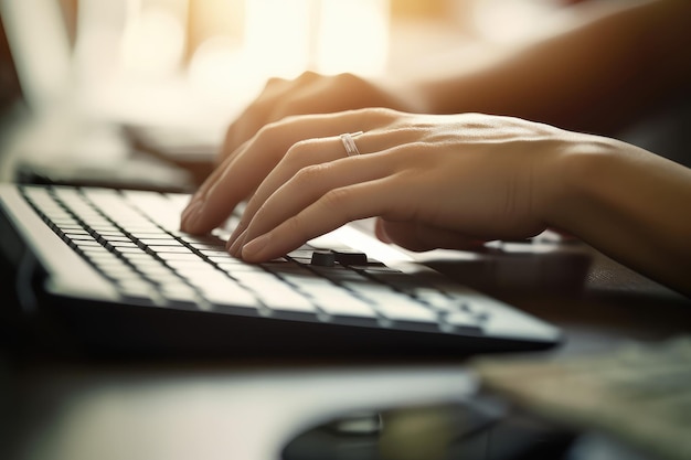 Woman Typing on Keyboard with Sunlight Flare