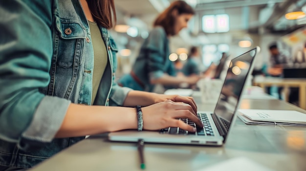 Woman Typing on Laptop in Office