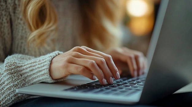 a woman typing on a laptop with a blurry background