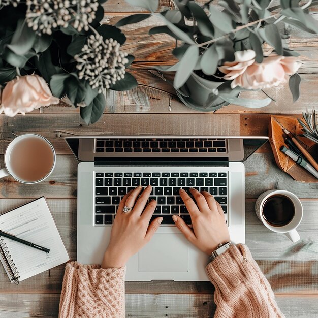 a woman typing on a laptop with a bunch of flowers in the background