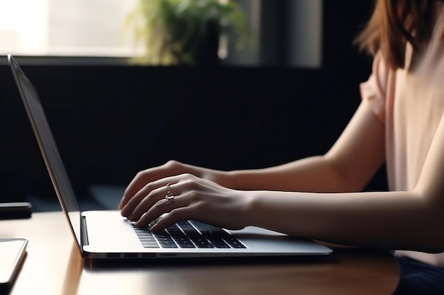 A woman typing on a laptop with a green plant in the background.