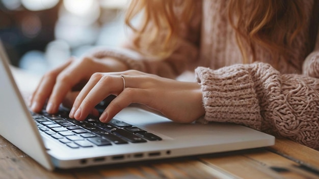 Photo a woman typing on a laptop with a hand on the keyboard