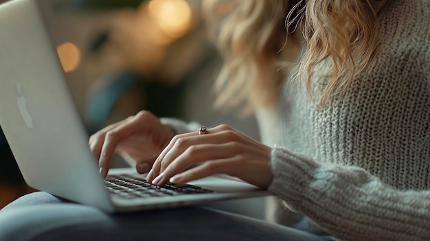 Photo a woman typing on a laptop with a ring on her finger