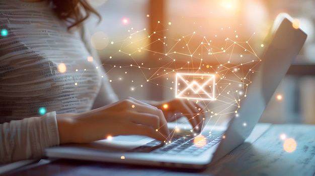 Photo a woman typing on a laptop with a symbol on the screen