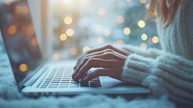 Photo woman typing on laptop with warm bokeh lights in the background