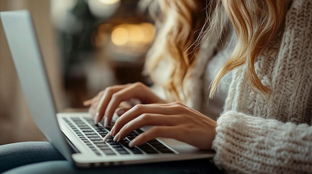 a woman typing on a laptop with a white sweater on the screen