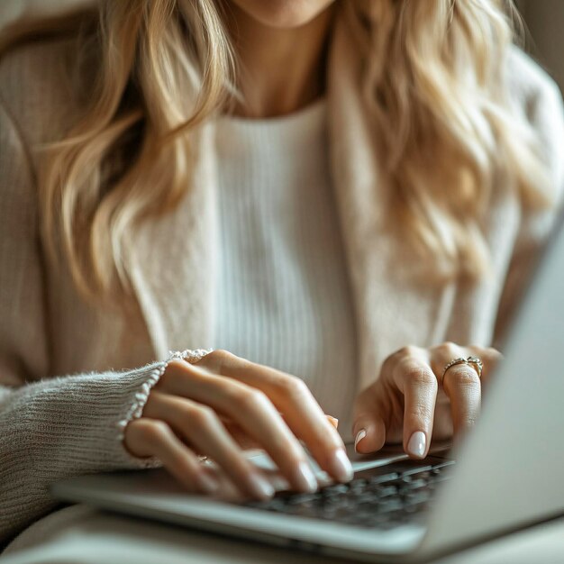 a woman typing on a laptop with a white sweater on