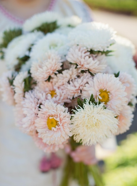 Woman in ukrainian traditional shirt holds bouquet of white and pink chrysanthemums Autumn concept walk in the field at sunlight with flowers