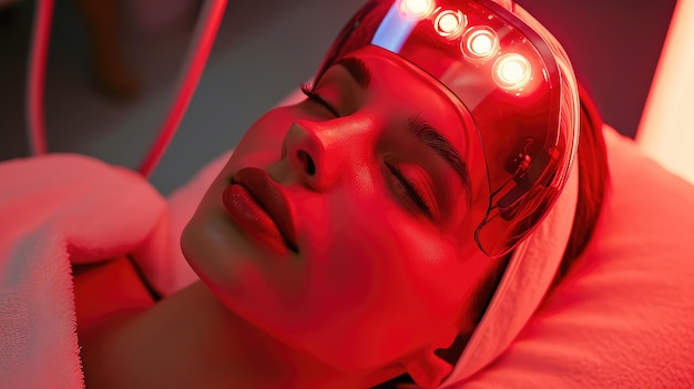 A woman undergoes LED infrared therapy to cleanse her skin and fight aging at a spa resort