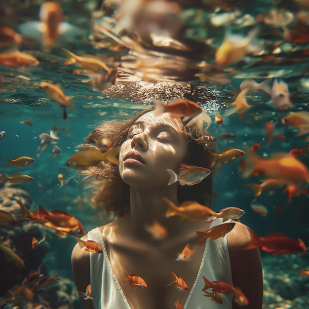 a woman underwater surrounded by fish