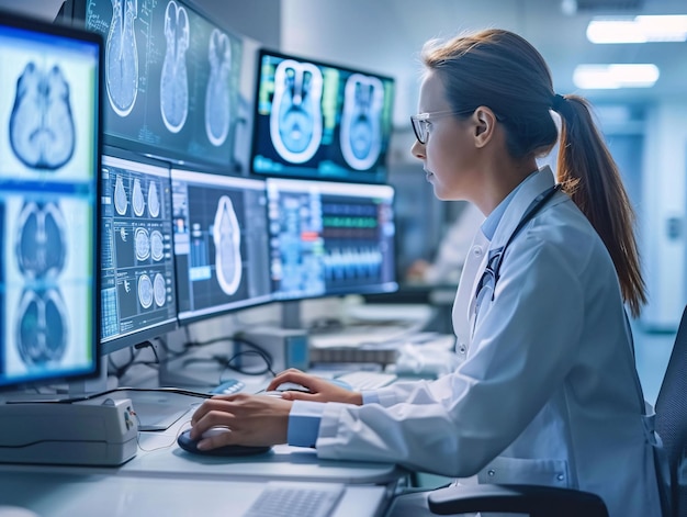 a woman in a uniform is sitting at a computer with a monitor showing the lab of medical equipment