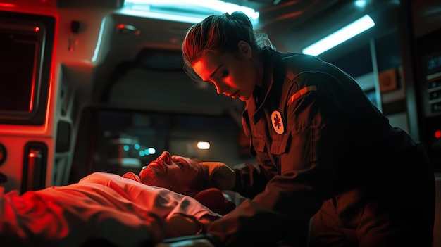 Photo a woman in a uniform is sitting in a vehicle with a baby on the bed