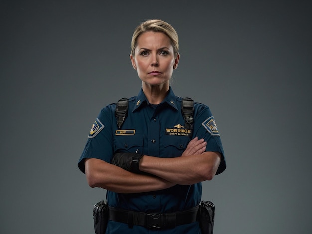 a woman in a uniform with the word police on it