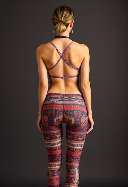 Woman in unique yoga outfit strappy top and printed leggings