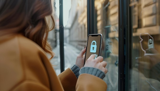 Photo woman unlocking door using mobile phone closeup illustration of closed and open padlocks on device screen