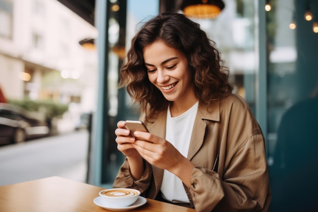 Woman Unwinding with Mobile Phone in Cafe