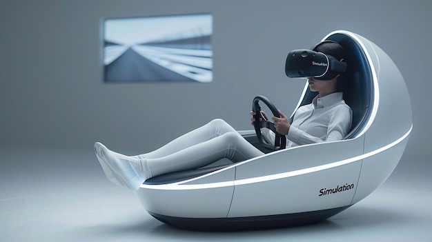 A woman uses a futuristic virtual reality simulator for a driving experience in a minimalist setting