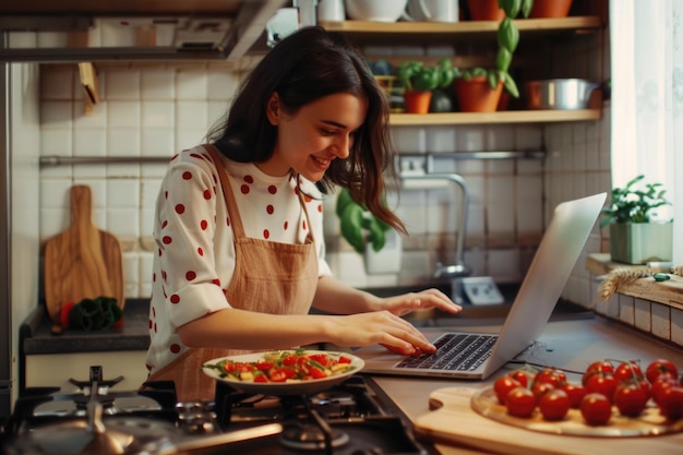 Photo woman uses laptop in kitchen setting