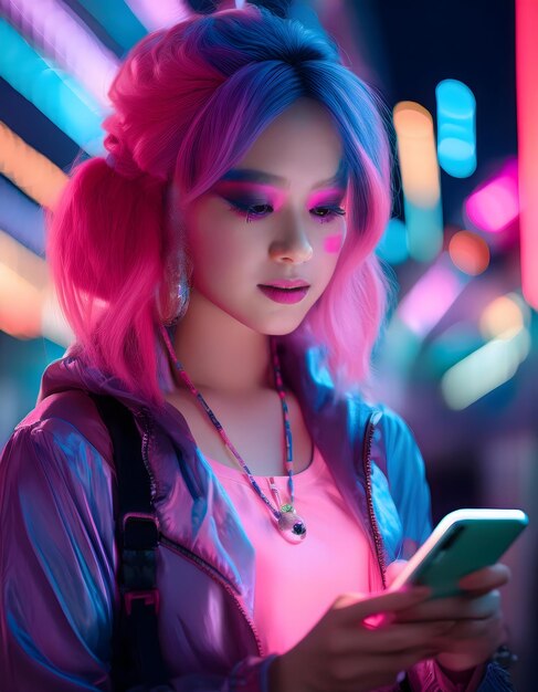 Photo woman uses smartphone with blur cyberpunk city background