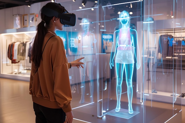 Woman uses virtual reality glasses to choose clothes