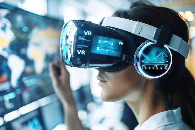 Woman using advanced VR headset experiencing cuttingedge virtual reality and immersive digital en