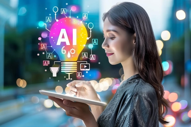 Woman Using AI Digital Interface with Futuristic Graphics