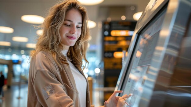 Photo woman using airport kiosk