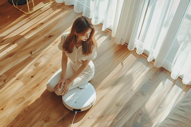 Photo woman using automatic vacuum cleaner controlling with smartphone at home