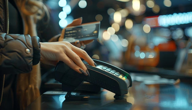 Photo woman using bank terminal for credit card payment at table