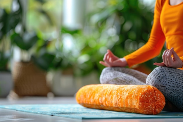 Photo woman using bolster in restorative yoga childs pose