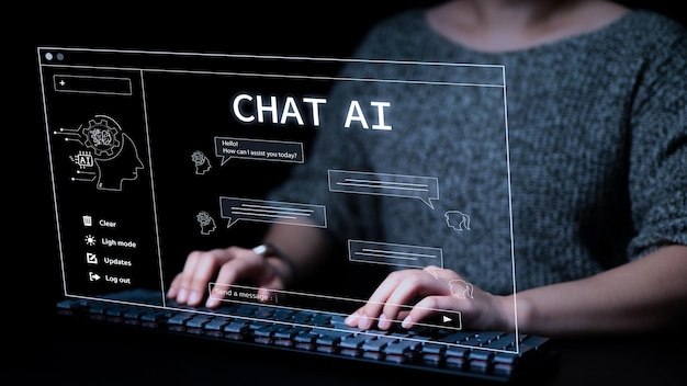 Photo woman using a computer chatting with an intelligent artificial intelligence asks for the answers he wants chat ai chat with ai or artificial intelligence technology smart assistant ai to help work