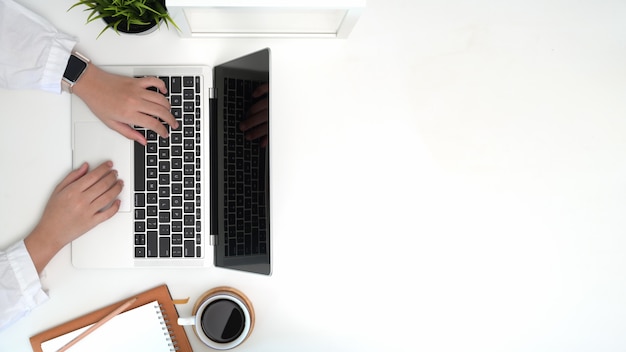 Woman using computer laptop, Top view panoramic banner image