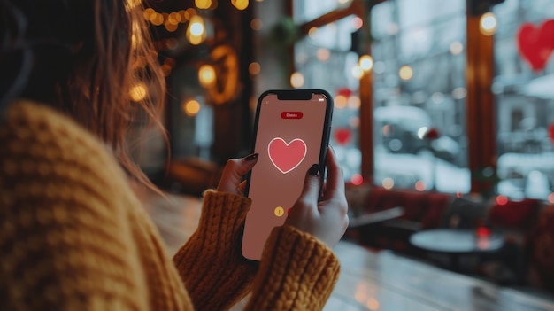 Photo woman using dating app on smartphone in cozy cafe setting with heart icon