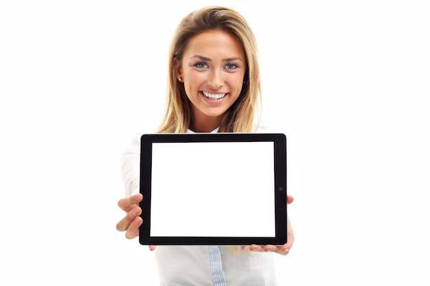 Woman using digital tablet computer PC isolated on white background