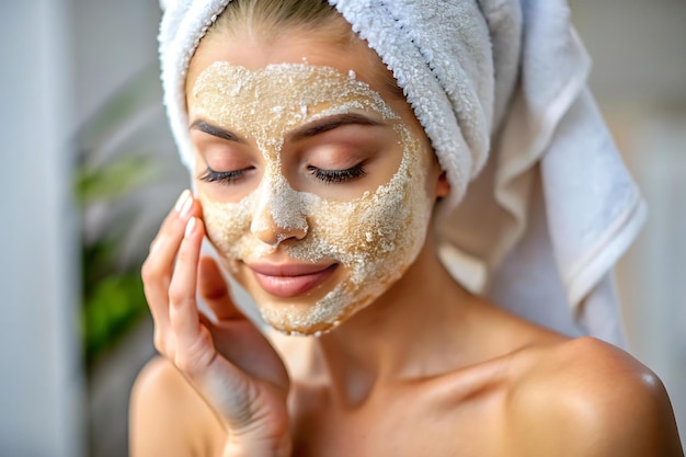 Photo woman using exfoliating mask to improve skin tone and texture