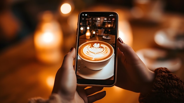 Woman using I phone 13 pro taking photo of a cup