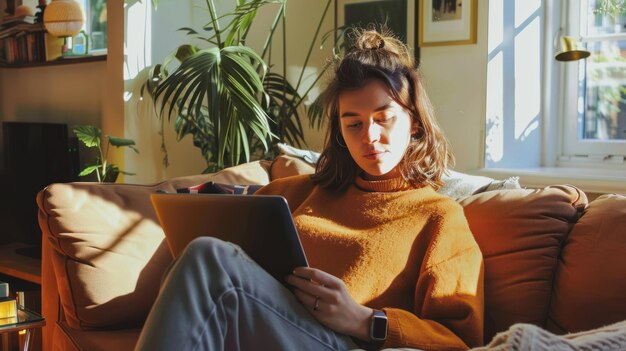 Photo woman using laptop on a comfy couch